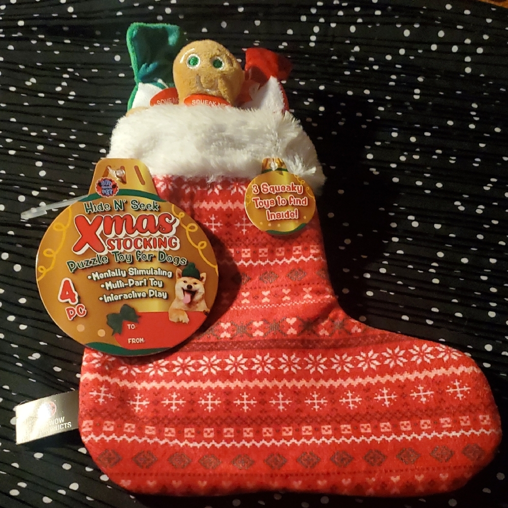 Red Christmas Dog Stocking with Toys/ 3ct Squeaky Toys / 4ct Piece Set